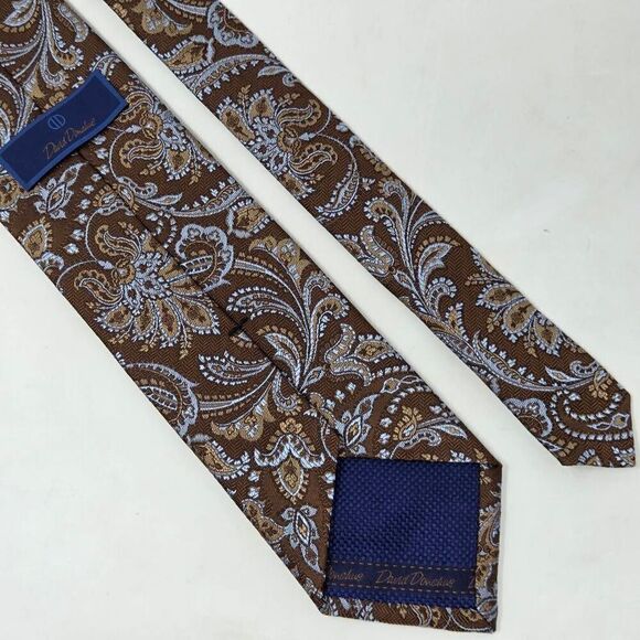 DAVID DONAHUE SILK TIE BROWN BLUE PAISLEY TEXTURED SATIN 3.5" X 59" - Picture 2 of 4